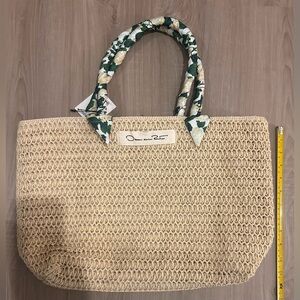 Oscar De La Renta Beige Crochet Tote with Floral Handles -